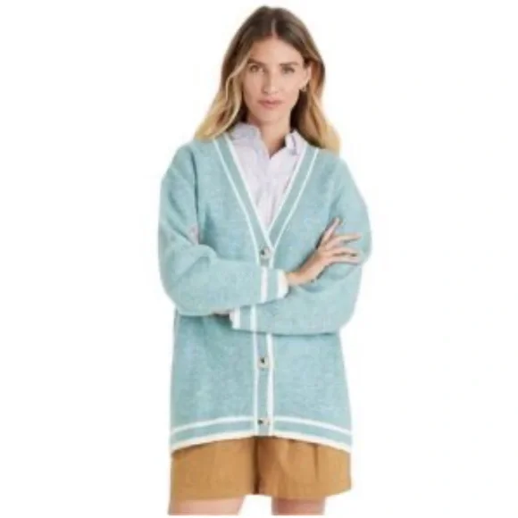 A New Day Light Blue Button-Up V Neck Cardigan Sweater Varsity Oversized Small - Picture 2 of 10